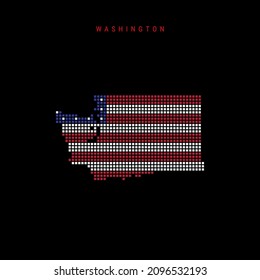 Square dots pattern map of Washington. Dotted pixel map with american national flag colors isolated on black background. Vector illustration.