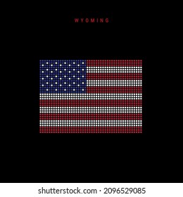 Square dots pattern map of Wyoming. Dotted pixel map with american national flag colors isolated on black background. Vector illustration.