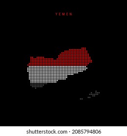 Square dots pattern map of Yemen. Yemeni dotted pixel map with national flag colors isolated on black background. Vector illustration.