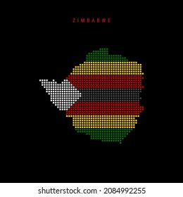 Square dots pattern map of Zimbabwe. Zimbabwean dotted pixel map with national flag colors isolated on black background. Vector illustration.