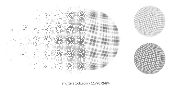 Square dotted abstract sphere icon in dispersed, dotted halftone and solid versions. Pieces are composed into vector dispersed square dotted abstract sphere icon.