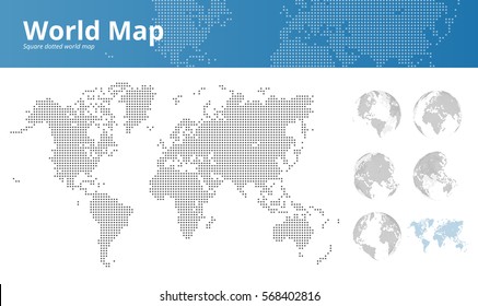 Square dotted world map and earth globes showing all continents. Vector illustration template for web design, annual reports, infographics, business presentations, printed material, travel and tourism
