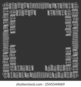 Square double frame of different sized handwritten dashes imitating wickerwork. White on black. Vector illustration