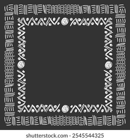 Square double frame of different sized hand drawn dashes imitating wickerwork and ethnic elements. White on black. Vector illustration