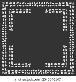 Square double frame of different sized handwritten dashes and dots. White on black. Vector illustration