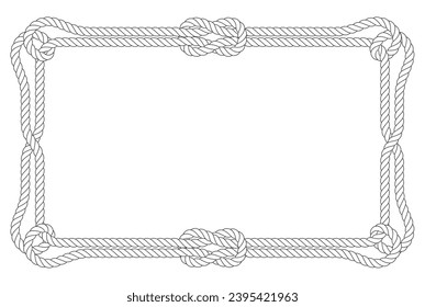 Square double rope frame with loops in corners and knots, marine style border, vector