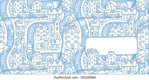 Square double-sided greeting card with a vector picture of the city with streets and houses with trees and roofs and a window for text