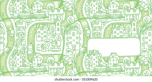 Square double-sided greeting card with a vector picture of the city with streets and houses with trees and roofs and a window for text