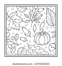 Dibujo cuadrado con un tema otoñal - calabaza, hojas, frutas y bellotas. Antiestrés colorante para adultos y niños. Ornamento de garabato en blanco y negro. Dibujar a mano ilustración vectorial.