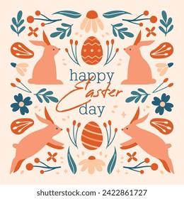 Square Easter card, banner, invitation template. Happy Easter Day. Frame of cute illustrations with easter bunny, rabbit, egg, flower, plant, berries, calligraphy, lettering, text.