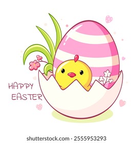 Square Easter card with cute little chicken in kawaii style. Tiny baby chick with Easter egg. Can be used for t-shirt print, sticker, greeting card. Vector illustration EPS8