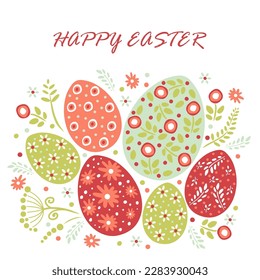 Square Easter card. Easter eggs with painted pattern, simple spring flowers, twigs and herbs. White background. Cute card for Easter in red and green colors. Flat design. Vector illustration.