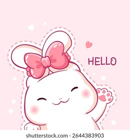Square Easter card with little bunny. Inscription Hello. Childish print with cute rabbit. Can be used for t-shirt, sticker, greeting card design. Vector illustration EPS8