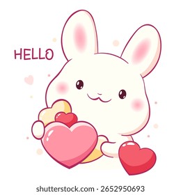 Cartão de Páscoa quadrado com coelhinho. Inscrição Hello. Impressão infantil com coelho bonito. Pode ser usado para camiseta, adesivo, design de cartão de saudação. Ilustração vetorial EPS8