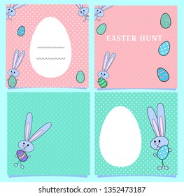 Square Easter cards of pink and blue with bunnies and colored eggs. Banners with rabbits and space for text. White egg frame. Vector illustration for Easter hunt, party invitations, blogs.