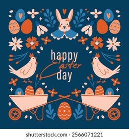 Square Easter greeting card. Happy Easter Day. Vector banner, invitation template with ornament of illustrations with bunny, rabbit, easter eggs, hen, flowers, plants, berries, wheelbarrow.