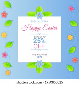 Cartel de la venta de Semana Santa con huevos, hojas y flores. Promoción de temporada de primavera, flayer de descuento, concepto de plantilla de tipografía de oferta especial. Ilustración vectorial en estilo realista de dibujos animados