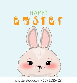 Square Easter template featuring a bunny head at the bottom and Happy Easter text on a blue background