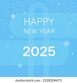 Square editable 2025 happy new year banner in cold light blue winter colors with graphical elements in flat minimalistic style. Suitable for web, social media, greeting or invitation cards. Vector.