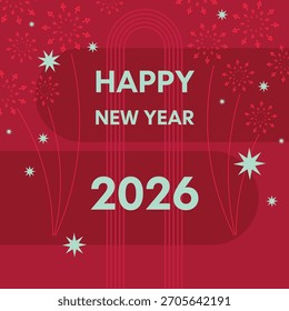 Square editable 2026 happy new year banner in warm deep red winter colors with graphical elements in flat minimalistic style. Suitable for web, social media, greeting or invitation cards. Vector.