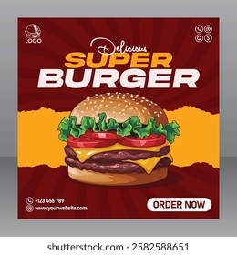 Square Editable Delicious Super Burger Food Menu Poster or Flyer For Restaurant And Marketing Purposes, Food Poster, Food Banner, Food Flyer, Restaurant Poster, Restaurant Flyer, Restaurant Banner