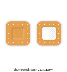 Square Elastic Patch for First Aid. Sticker Patch Assistance for Protection Wound, Damage. Adhesive Medical Plaster Strip Bandage. Antibacterial Sticky Bandage. Isolated Vector Illustration.