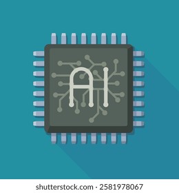 Square electronic AI chip placed on a blue background with long shadow (flat design)
