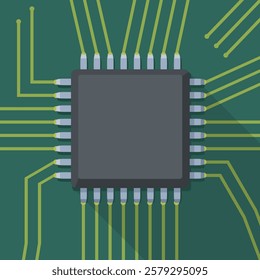 Square electronic chip placed in the middle of an electronic circuit with long shadow (flat design)