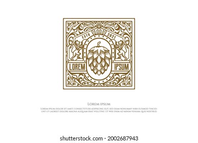 Square Elegant Luxury Shield Lion King Crown with Hop for Craft Beer Brewing Brewery Badge Emblem Label Logo Design Vector