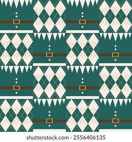 Square elf and argyle in Christmas style, seamless pattern for wrapping paper, wallpaper and decoration.