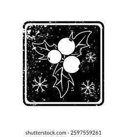 Square emblem with textured holly and snowflake details in a festive black and white design.