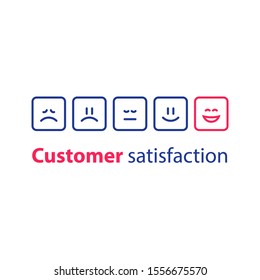 Square emoticon in a row, rating concept, customer service, feedback survey, vector flat illustration