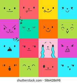 Square emoticons with different emotions, vector set of various hand-drawn cute expressions, EPS 8