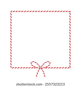 Square empty frame, text box on transparent background, gift tied up with cotton red rope bakers twine bow and ribbon. Packing string for decoration, present for Christmas, New Year. Vector EPS10, png