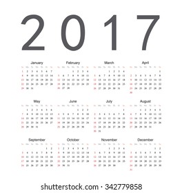 Square English 2017 year vector calendar. Week starts from Sunday.