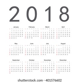 Square English 2018 year vector calendar. Week starts from Sunday.