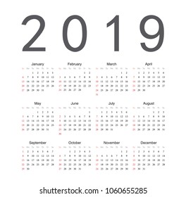 Square English 2019 year vector calendar. Week starts from Sunday.