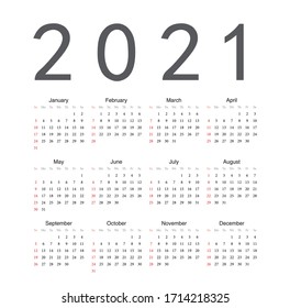 Square English 2021 year vector calendar. Week starts from Sunday.