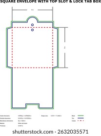 Square envelope box template top slot lock tab diecut