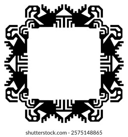 Square ethnic animal frame or border with stylized turkey vulture birds. Ancient Peruvian motif. Native American art. Black and white silhouette. Recuay culture.