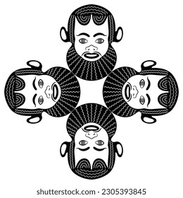 Square ethnic cross shape design with four masks of ancient Greek satyr. Black and white silhouette.