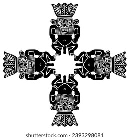 
Square ethnic cross shape design with four figurines of ancient Egyptian dwarf god Bes. Black and white silhouette.