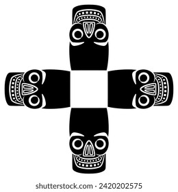 Square ethnic cross shape design or frame with four human skulls. Native American art of ancient Peru. Chancay culture. Black and white silhouette.