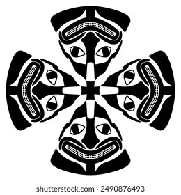 Diseño cuadrado de forma de cruz étnica con motivos indígenas de América del Norte. Cuatro máscaras de animales de indios Tlingit. Silueta en blanco y negro.