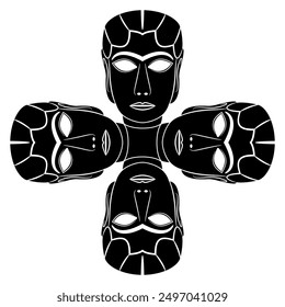 Square ethnic cross shape design with four female heads. The Mask from Warka. Lady of Uruk. Black and white silhouette.