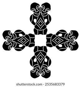 Square ethnic cross shape design with four two headed idols. Neolithic human figurine from Vinča culture, Serbia. Black and white silhouette.