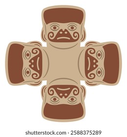 Square ethnic cross shape design with four stylized human heads. Native American art of Moche Indians of ancient Peru. Mochica ethnic masks. 
