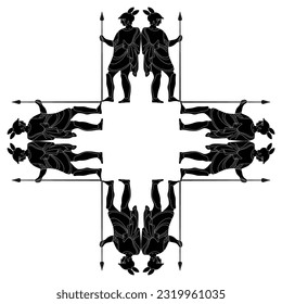 Quadratischer ethnischer Kreuzrahmen mit antiken griechischen Kriegern. Schwarz-Weiß-Silhouette.