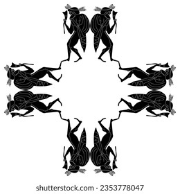 Square ethnic cross shape frame with ancient Greek men holding rhytons of wine. Vase painting style. Black and white silhouette.