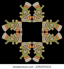 Square ethnic cross shape ornament or frame with stylized human skulls from Mexican codex. Native American design or Aztec Indians. On black background.